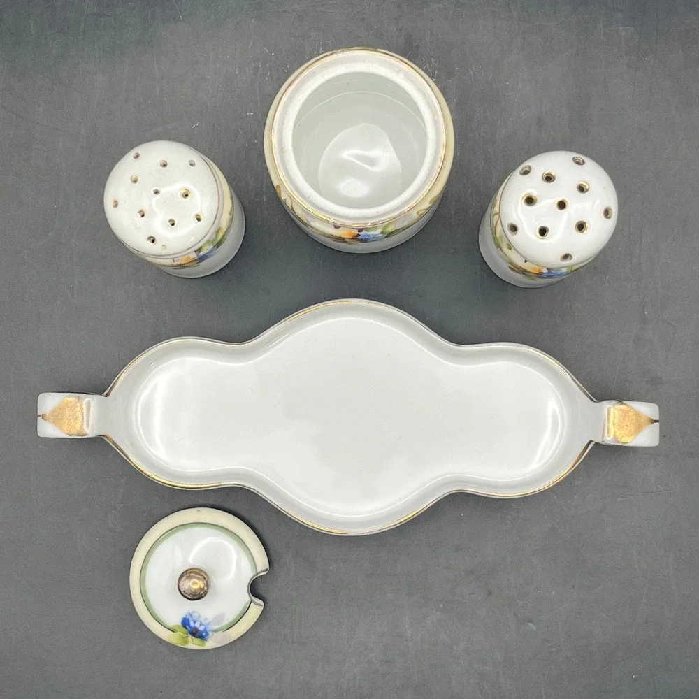Vtg Noritake Porcelain Condiment Set‎ Japan Hand Painted Salt Pepper Jam Sugar